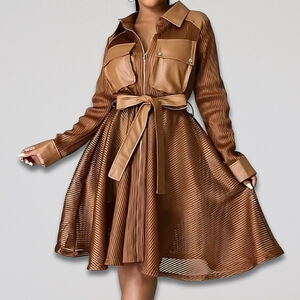 Cien Jacket Dress Utility Flap Pocket Collared Flowy Sheer Tan Women’s Large NWT